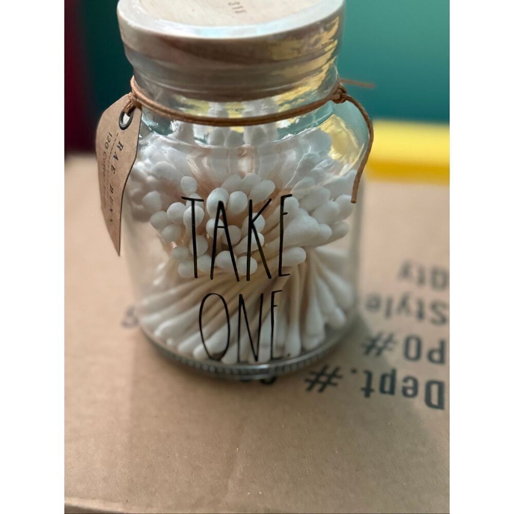 RAE DUNN TAKE ONE COTTON SWAB GLASS JAR